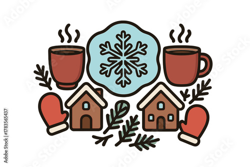 Cozy winter composition with hot cocoa mugs, gingerbread houses, snowflake, and mittens