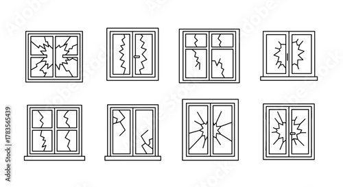 Collection of eight distinct line art icons representing broken windows, showcasing various crack patterns and frame styles, perfect for graphic and web design, app interfaces, advertisements, and