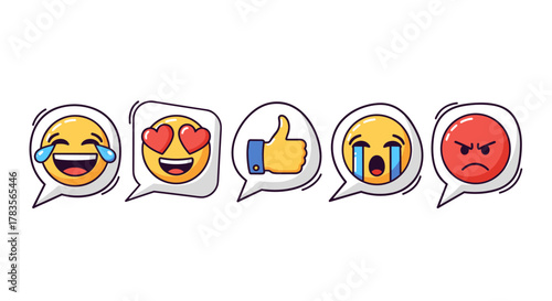 Vivid cartoon illustration of five distinct emoji reactions within speech bubbles, set against a clean white background. The collection features a laughing emoji with tears, a face with heart eyes, a