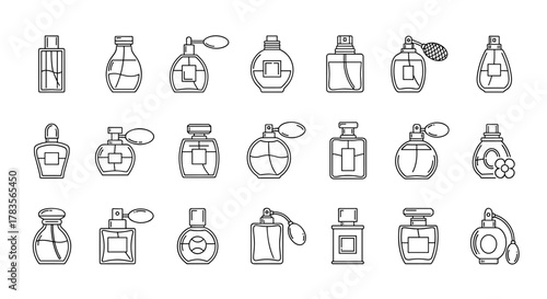 Collection of minimalistic linear perfume bottle icons, perfect for web and graphic design, apps, banners, social networks, and cards. This vector cartoon illustration features a variety of elegant