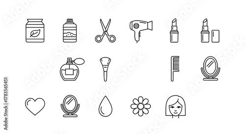 A collection of clean, minimalist line art icons representing beauty and personal care essentials, including skincare jars, scissors, a hairdryer, lipsticks, perfume bottle, makeup brush, comb