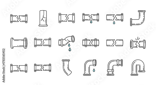 Collection of thin line icons representing broken pipes, cracked pipes, leaking pipes, and pipe fittings, suitable for web, books, cards, and apps. This editable stroke vector cartoon illustration on