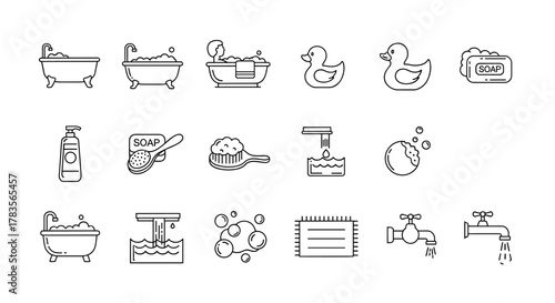 A collection of clean line art icons representing various bathtub and bathing elements, including bathtubs with bubbles, a person bathing, rubber ducks, soap, a brush, a bath bomb, a rug, and faucets