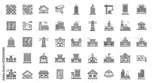 A comprehensive collection of thin line icons representing various buildings and architectural elements, including brick walls, houses, factories, lighthouses, castles, hospitals, schools, and modern