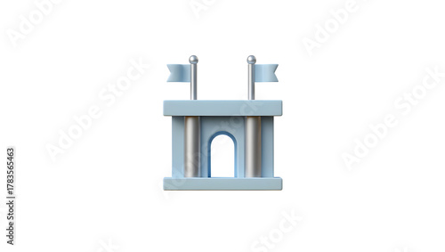 A small, light blue, toylike structure resembling a building or gate with two small flags on top, isolated on a transparent background, possibly representing a game, a landmark, or a miniature model