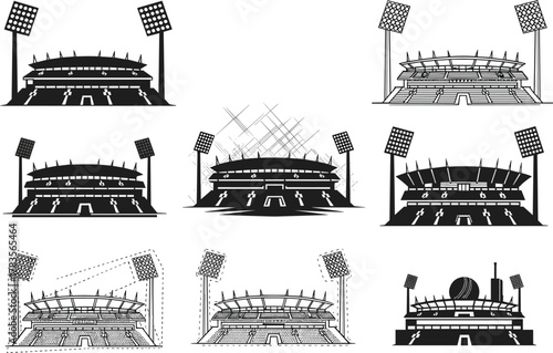 Black and white stadium illustrations, vector sports architecture, floodlight and seating details, abstract arena design, cityscape background, structural diversity, graphic venue artwork