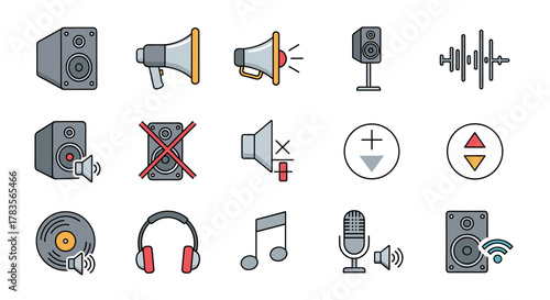 Collection of vibrant, flat design line icons representing various audio and sound-related concepts, including speakers, megaphones, headphones, microphones, music notes, and volume controls, perfect