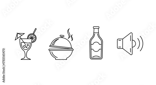 A minimalist collection of four thin-line icons representing a refreshing cocktail with an umbrella and lemon slice, a steaming cloche-covered dish, a classic bottle with a blank label, and a speaker
