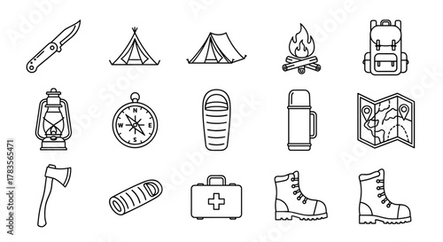 Camping Thin Line Icon Set: A collection of essential outdoor adventure symbols including a folding knife, tents, campfire, backpack, lantern, compass, sleeping bag, thermos, map, axe, first aid kit