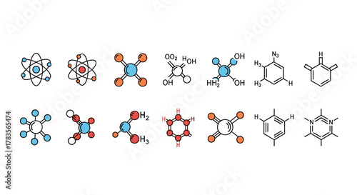 Collection of stylized chemical compound and atom icons, featuring molecular structures with atoms represented by colored circles and bonds as lines, set against a clean white background, ideal for