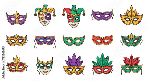 Collection of vibrant and decorative carnival masks, featuring a variety of styles and colors including purple, gold, green, red, and jester designs, suitable for web, books, cards, and apps