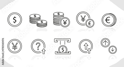 Collection of clean line art icons representing various currency symbols and financial concepts, including dollar, yen, euro, and pound coins, stacks of coins, an ATM, and directional arrows