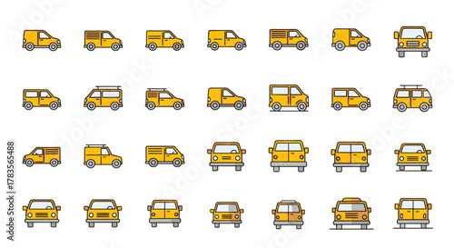 Collection of vibrant, minimalistic yellow van icons in filled color and linear pictogram styles, perfect for web design, graphic design, apps, banners, social networks, and cards, presented as a