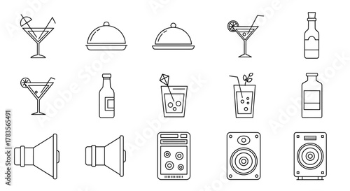 Collection of Simple Line Illustrations Featuring Cocktails, Cloche-Covered Dishes, Bottles, and Loudspeakers, Ideal for Diverse Design Projects Requiring a Clean and Modern Aesthetic.