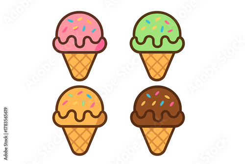 Four colorful ice cream cones with various flavors and sweet sprinkles in waffle cups