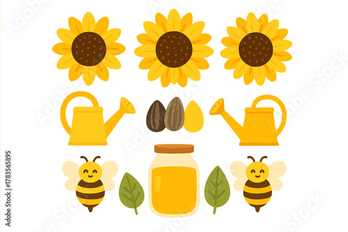 Cute sunflower, bee, honey jar, watering can, and seed elements for farming and nature design