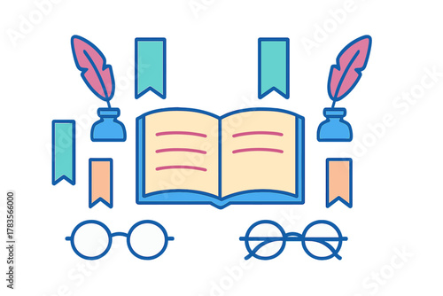 Collection of reading and writing accessories including an open book, quill pens, bookmarks, and eyeglasses