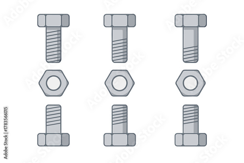 Set of gray metal bolts and hexagonal nuts for construction and industrial fastening hardware