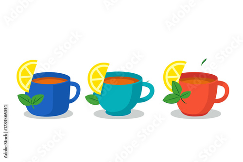 Colorful hot tea mugs with lemon slices and fresh mint leaves on white background