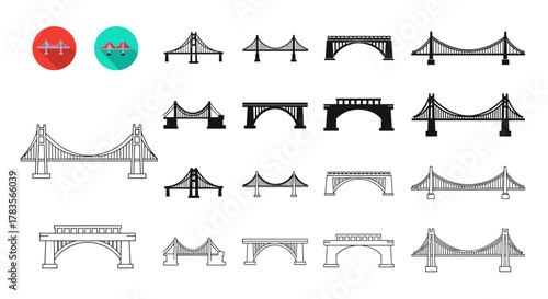 Diverse collection of bridge icons presented in flat, silhouette, and line art styles, showcasing various infrastructure symbols. This set includes suspension bridges, arch bridges, and beam bridges