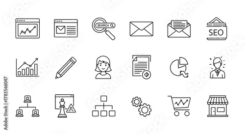 Digital marketing and SEO line icons set, including website analytics, search engine optimization, email communication, content analysis, business strategy, and customer relationship management