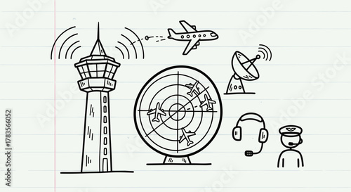 Hand-drawn doodle illustration of air traffic control elements, including a radar screen with airplanes, a control tower with radio waves, a satellite dish, a flying airplane, a pilot with headset
