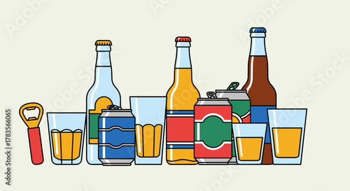 A vibrant and fun flat illustration showcasing a collection of assorted alcoholic beverages, including bottles, cans, and glasses filled with amber liquid, alongside a classic bottle opener, all