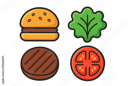Colorful set of fast food ingredients including hamburger, lettuce, grilled patty, and tomato slice