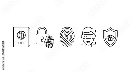 Set of editable line icons representing identity verification and security: passport, biometric authentication, fingerprint recognition, face ID scanner, and privacy protection shield with eye and