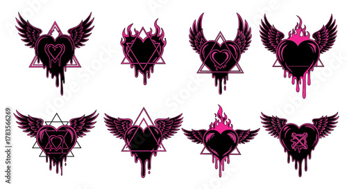 Collection of eight gothic heart designs featuring melting neon silhouettes, tribal wings, and flames, set against geometric shapes, with a dripping paint effect, perfect for alternative and edgy