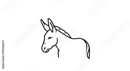 Simple black and white line art vector logo of a donkey's head and upper body, isolated on a white background. This minimalist design captures the essence of the animal with clean, bold lines