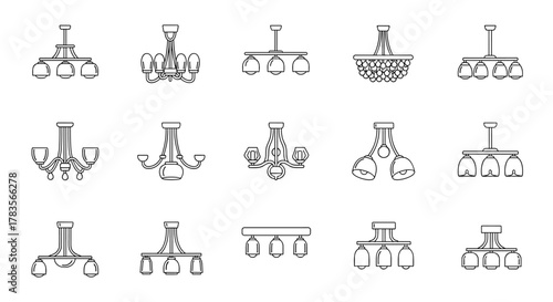 Collection of 15 diverse line art chandelier and lustre icons, presented on a clean white background, showcasing various styles from modern to classic, perfect for interior design and home decor
