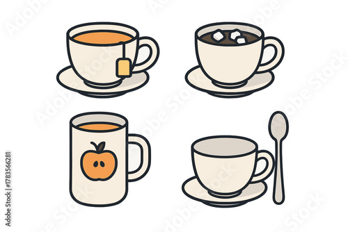 Assortment of hot drinks in ceramic cups and mugs with saucers and a spoon