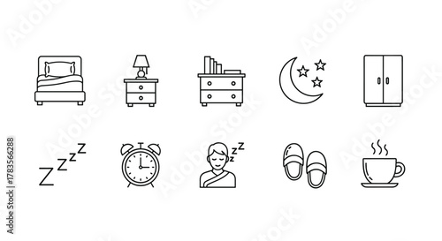 Collection of line icons representing sleep and bedroom essentials, including a bed, nightstand with lamp, dresser with books, moon and stars, wardrobe, Zzz symbols, alarm clock, sleeping person