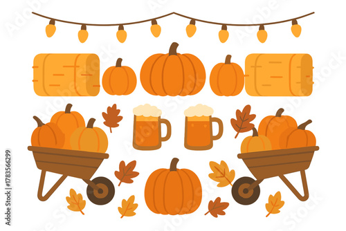 Collection of autumn harvest elements including pumpkins, hay bales, beer mugs, and string lights
