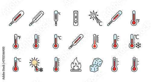 Bundle of minimalistic line icons representing thermometers and temperature measurements, including Celsius and Fahrenheit scales, digital displays, and symbols for heat, cold, and sunlight, perfect