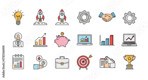 Collection of business and entrepreneurship outline icons, including a lightbulb for ideas, a rocket for startup, gears for process, handshake for partnership, piggy bank for savings, charts for