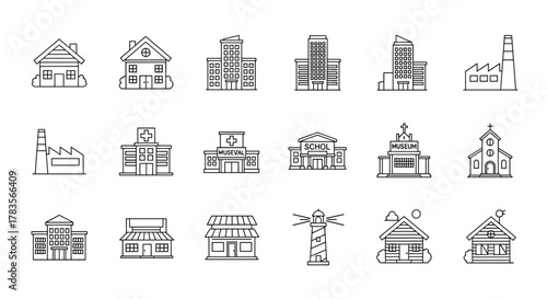 Collection of diverse building icons, including houses, factories, hospitals, schools, museums, churches, lighthouses, and shops, presented in a clean, editable stroke style suitable for UI