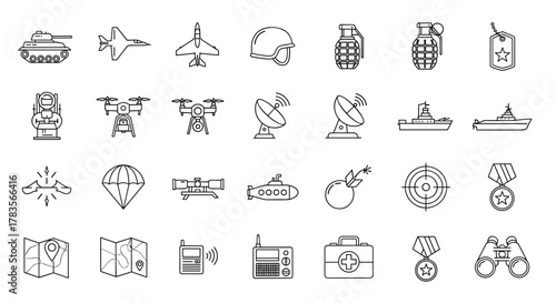 Comprehensive Army Line Icon Pack: Military and Defense Outline Signs for Graphic and Web Design, Apps, Advertisements, Various Cards, Vector Cartoon Illustration with a White Background. This