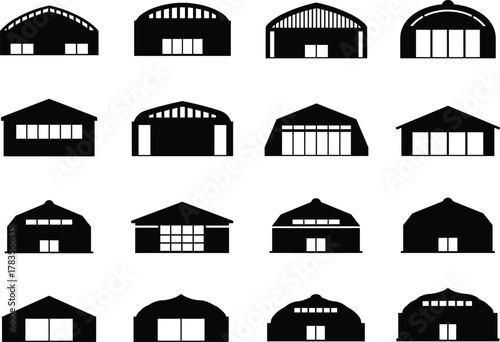 Building silhouette grid, architectural styles, roof design, facade shapes, structural diversity, minimal illustration, black and white, visual classification, infrastructure, geometry, modern, 