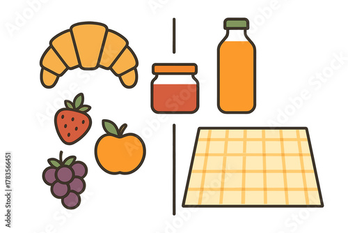 Picnic set with fresh fruit, baked croissant, juice bottle, and jam jar