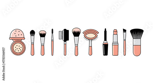 A vibrant and minimalist collection of cosmetic brushes and makeup essentials, including powder, lipstick, eyeliner, and various brushes, presented as clean vector cartoon illustrations on a white