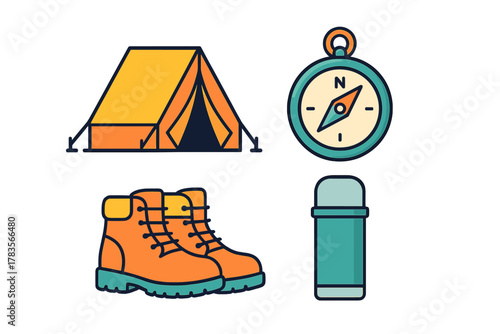 Essential outdoor adventure gear set featuring a camping tent, compass, hiking boots, and thermos flask