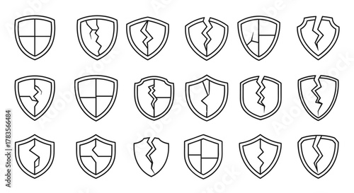 Collection of cracked shield outline icons, representing broken security, vulnerability, and data breaches, perfect for websites, apps, and infographics, presented as a vector cartoon illustration on
