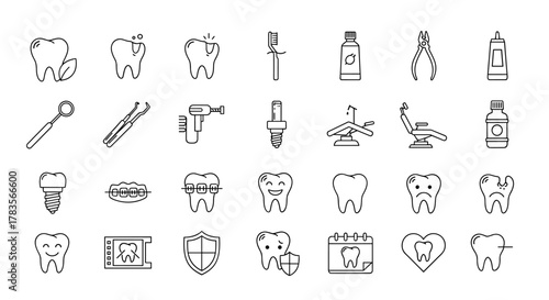 Comprehensive collection of dentistry-related line icons, featuring healthy and unhealthy teeth, dental floss, caries, cleaning tools, dental chairs, implants, braces, and protective shields, perfect