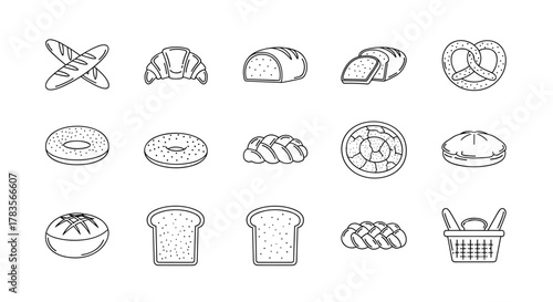 A minimalist collection of line icons depicting various types of bread and baked goods, including baguettes, croissants, loaves, bagels, pretzels, pies, and a bread basket, perfect for web, graphic