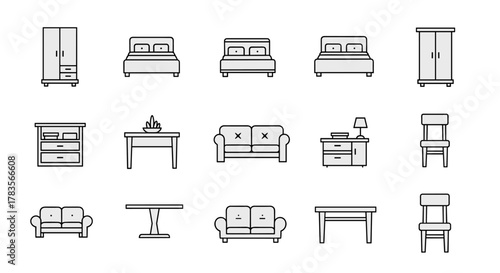 Collection of minimalist line icons representing various furniture items including wardrobes, beds, sofas, tables, and chairs, perfect for modern apps, websites, banners, and infographics, offering a