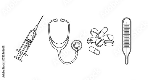Collection of medical icons including a syringe, stethoscope, pills, and thermometer, all drawn with a thin line style, perfect for apps, websites, banners, and infographics, representing healthcare