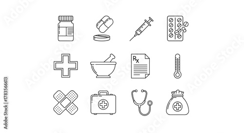 A collection of clean, modern line art icons representing various medical and pharmaceutical elements, including pills, capsules, a syringe, a prescription pad, a mortar and pestle, a thermometer, a