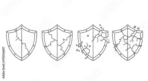 Vector illustration of a shield in four stages of damage, from slightly cracked to completely shattered, depicted in a clean, thin-line cartoon style on a white background, representing security